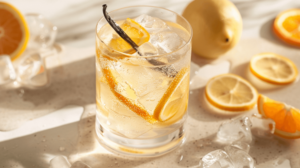 A refreshing glass of crystal-clear water infused with citrus slices (orange and lemon) and a hint of vanilla, presenting a subtle, elegant appearance. The drink is garnished with a vanilla bean resting alongside the rim of the glass, and thin citrus slices floating serenely. This mocktail is set against a calm, neutral background that emphasizes its purity and simplicity, ideal for a refreshing summer beverage. The scene should evoke a sense of relaxation and freshness, perfect for a hot day. 