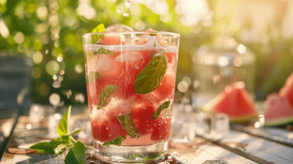 A summery drink showing chunks of watermelon and basil leaves in a glass, topped with ice and a splash of sparkling water, presented on a sunny patio.