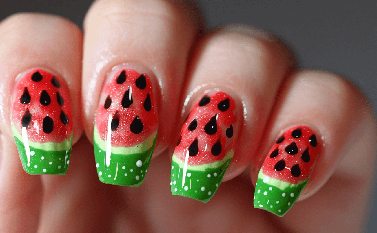 A playful summer manicure with watermelon-themed art, featuring green tips fading into red bases, speckled with black dots to represent seeds.