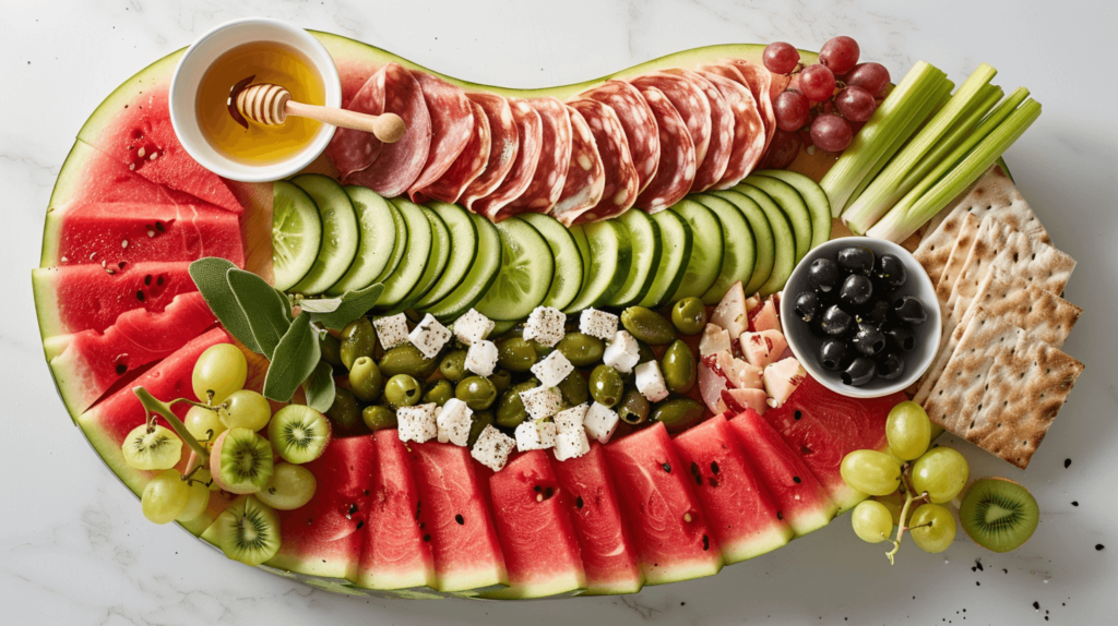 A watermelon-shaped charcuterie board with watermelon slices arranged in a semi-circle, feta cheese crumbles, and black olives to mimic seeds. Prosciutto and salami are placed around the watermelon. Green grapes and kiwi slices add a fruity touch. Cucumber slices and celery sticks are arranged around the edges, with pita bread and whole grain crackers filling in the gaps. Small bowls of tzatziki and honey are placed on the board.