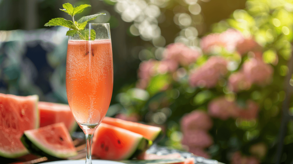 A glass with fresh watermelon juice, a few mint leaves, and topped with sparkling wine. Garnished with a mint sprig and set on a patio table with slices of watermelon and a sunny garden in the background. Summer mimosa