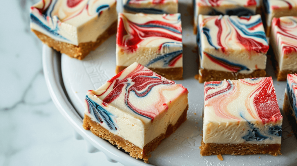 Cheesecake bars with a marbled swirl of red, white, and blue, cut into squares and arranged on a serving platter.