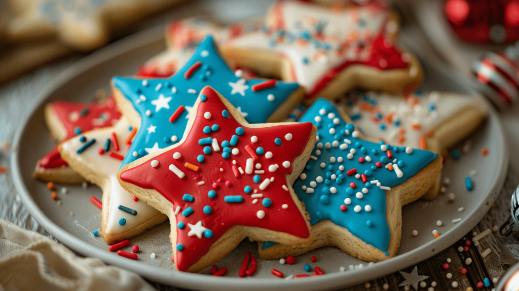 4th of July desserts - Star-shaped sugar cookies decorated with red, white, and blue icing and festive sprinkles, arranged on a plate.