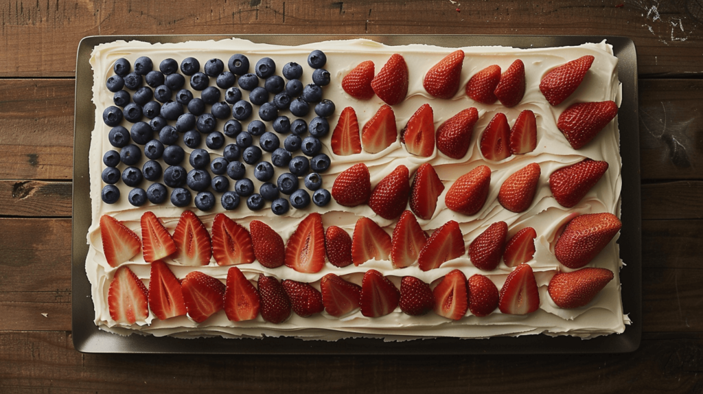 A rectangular sheet cake frosted with white icing, topped with a rectangle of blueberries for the stars and rows of sliced strawberries for the stripes, creating an American flag design.