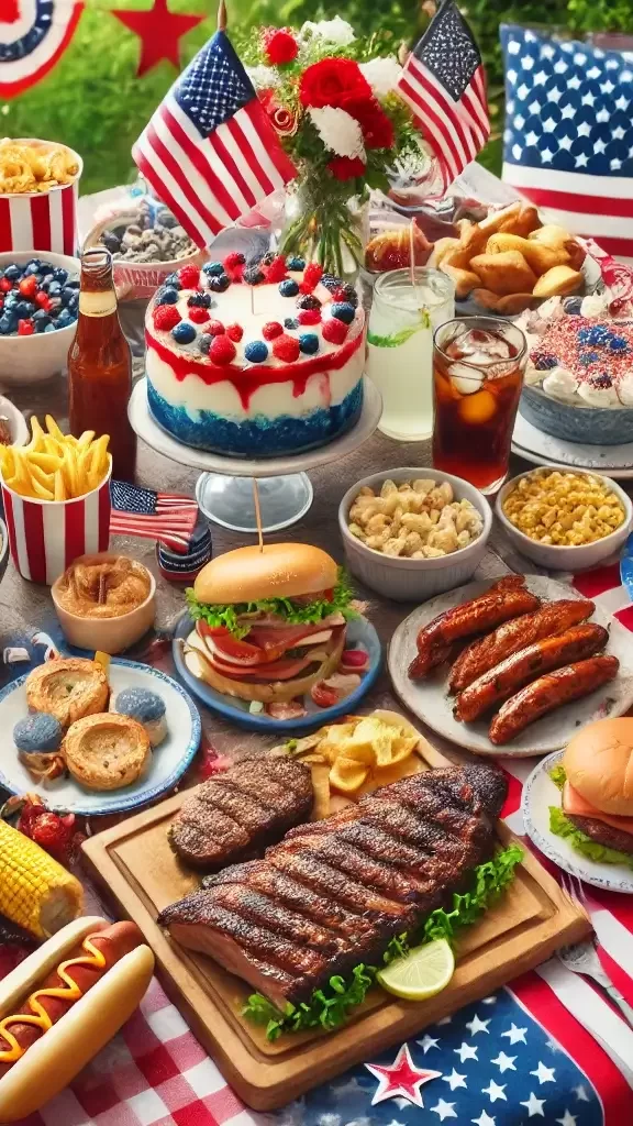 A 4th of July picnic table filled with an assortment of food. The table is decorated with patriotic red, white, and blue colors. It includes classic grilled items like burgers, hot dogs, and ribs, as well as side dishes such as potato salad, coleslaw, and corn on the cob. There are also desserts like apple pie and a red, white, and blue trifle. Beverages like lemonade and iced tea are also present. The setting is outdoors with American flags and festive decorations, evoking a cheerful and celebratory atmosphere.






