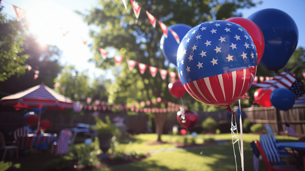 4th of July party ideas; festive balloons and decorations in the backyard.