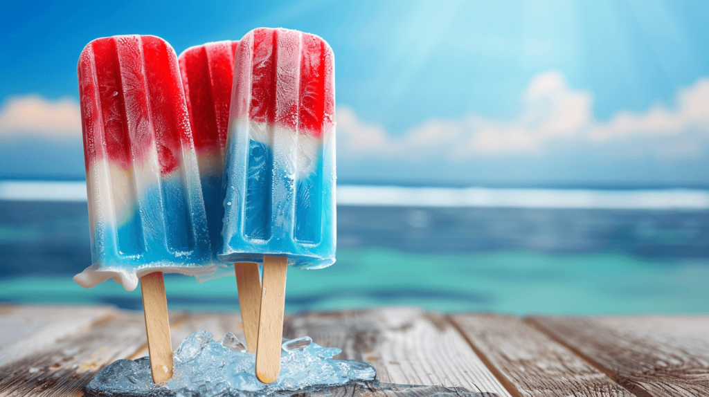 Three popsicles in a holder, each with distinct red, white, and blue layers, melting slightly on a wooden table with a summer background. 4th of July desserts.