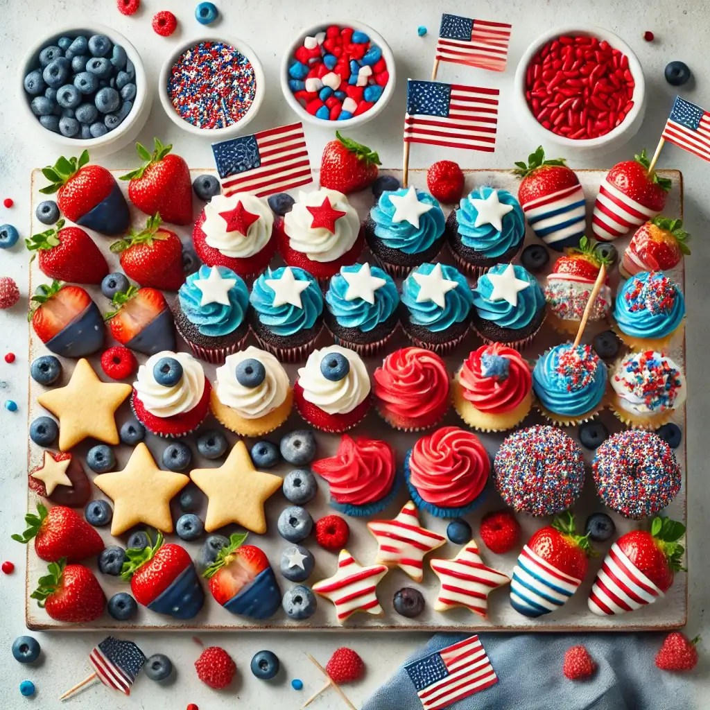 Fourth of July Cookie Board: A charcuterie board featuring red, white, and blue decorated sugar cookies, brownie bites, and macarons. Include small bowls of whipped cream and fresh berries for dipping. 