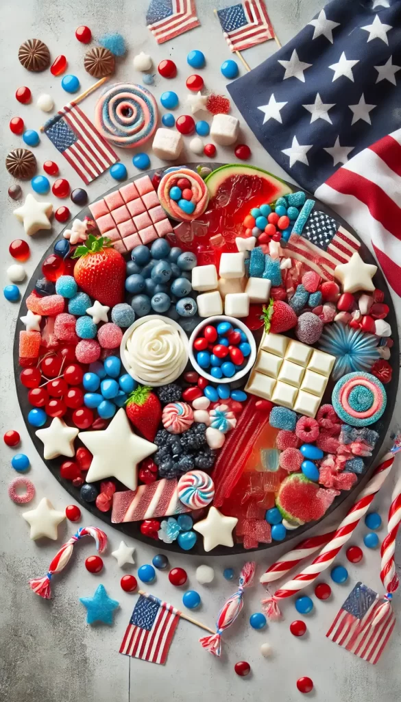 Here is the image of the 4th of July charcuterie board featuring an assortment of red, white, and blue candies like gummy bears, jellybeans, and licorice. The board also includes white chocolate truffles, red and blue M&M's, and star-shaped marshmallows, creating a colorful and festive display with a variety of textures and patriotic decorations.
