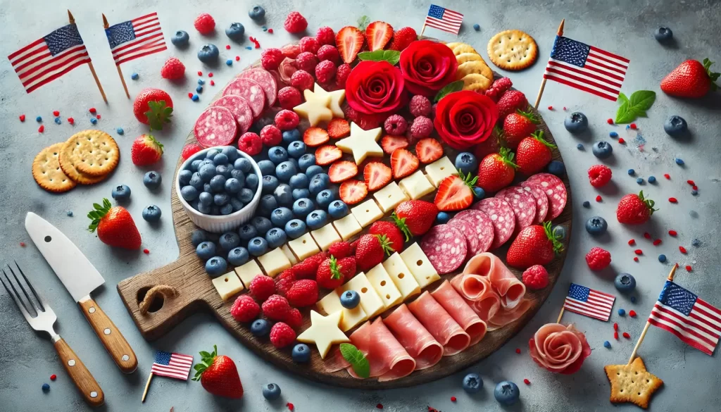 A colorful 4th of July charcuterie board with red apple slices, white grapes, and blueberries arranged in a circular pattern. Add salami roses, star-shaped jicama sticks, and small American flag toothpicks. No words or text on the image. pullback shot, 4th of July charcuterie board