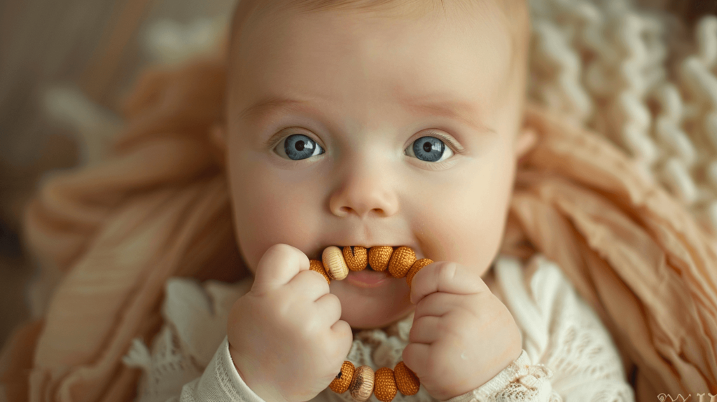 teething bracelet in a babies mouth