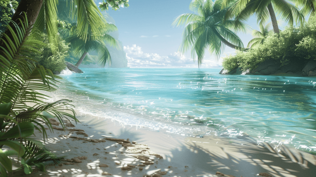 Summer Instagram captions. A realistic scene of the beach on a sunny day. The ocean has clear blue water with light reflecting off the surface. Palm trees in the background provide shade, and there are some plants adding a touch of greenery. The atmosphere is calm and inviting, perfect for a summer day.