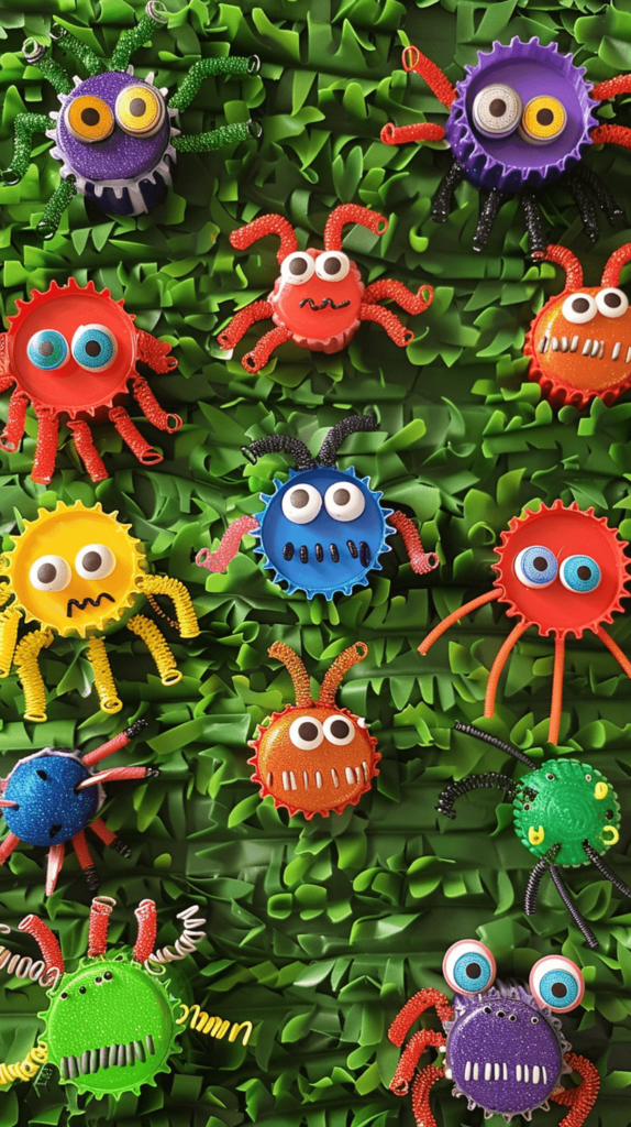 Colorful bottle cap bugs with painted caps, googly eyes, and pipe cleaner legs and antennae, displayed on a green grass background.