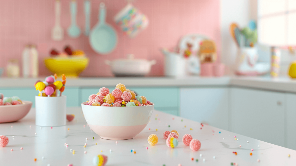 bowl of colorful candy on the kitchen counter; breakfast of candy for the kids