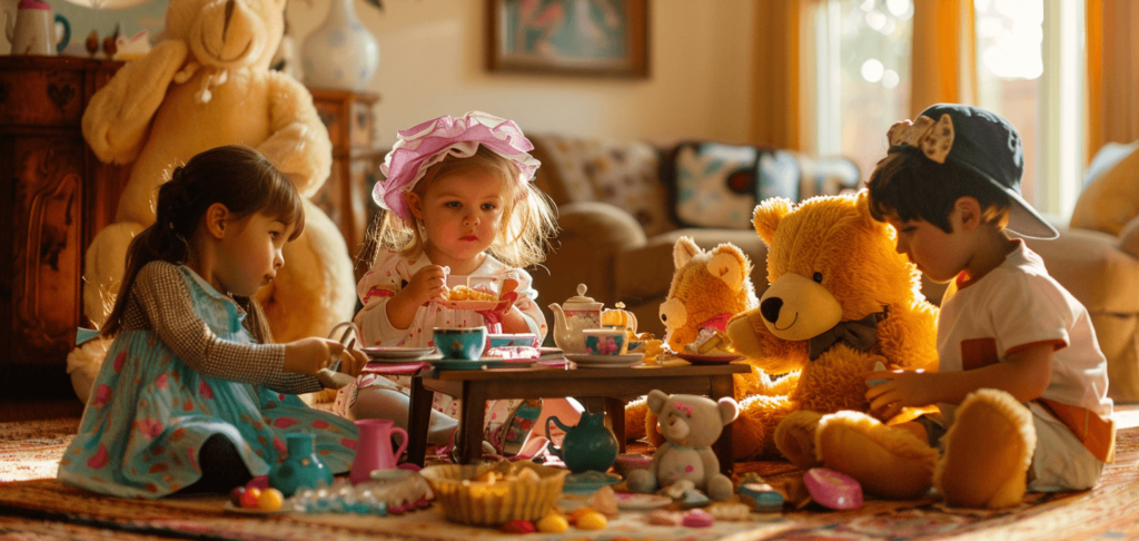 Children having a tea party with their stuffed animals, set up in a cozy living room with a small table, tea set, and snacks. The kids are dressed up in fancy clothes, and the stuffed animals are also dressed up, sitting around the table with tiny cups and plates. The scene is bright, colorful, and cheerful, with a playful and whimsical atmosphere. 