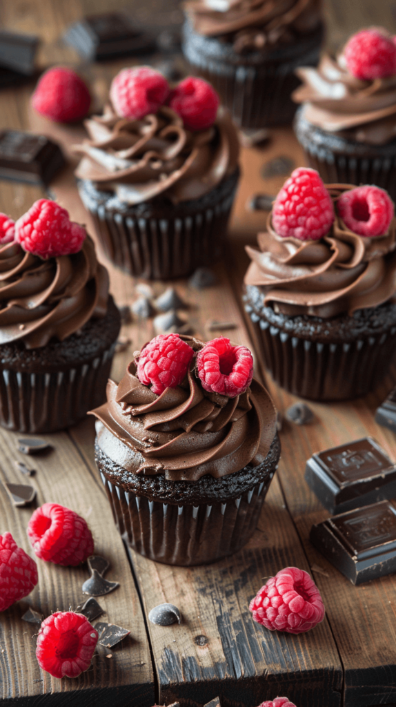 A tray of chocolate raspberry cupcakes with rich, dark chocolate frosting, each topped with a fresh raspberry and a sprinkle of chocolate shavings. The cupcakes are set on a rustic wooden table with a few scattered raspberries and pieces of dark chocolate around them.
