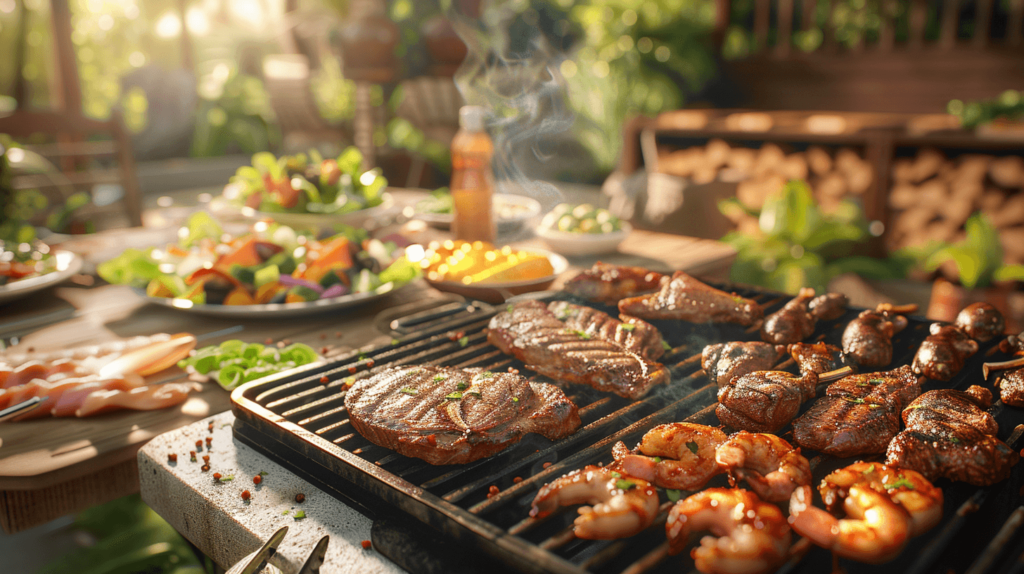 A realistic photo of a backyard barbecue grill with perfectly cooked steaks, chicken wings, and shrimp. The grill is surrounded by a table laid out with fresh salads, grilled vegetables, and colorful desserts. The setting is a sunny day with vibrant greenery in the background, creating a warm and inviting atmosphere.