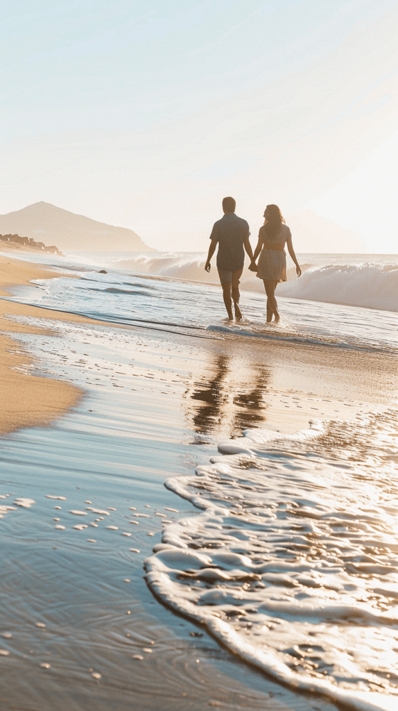 A happy couple walking hand-in-hand along a sunny beach with waves gently crashing in the background.