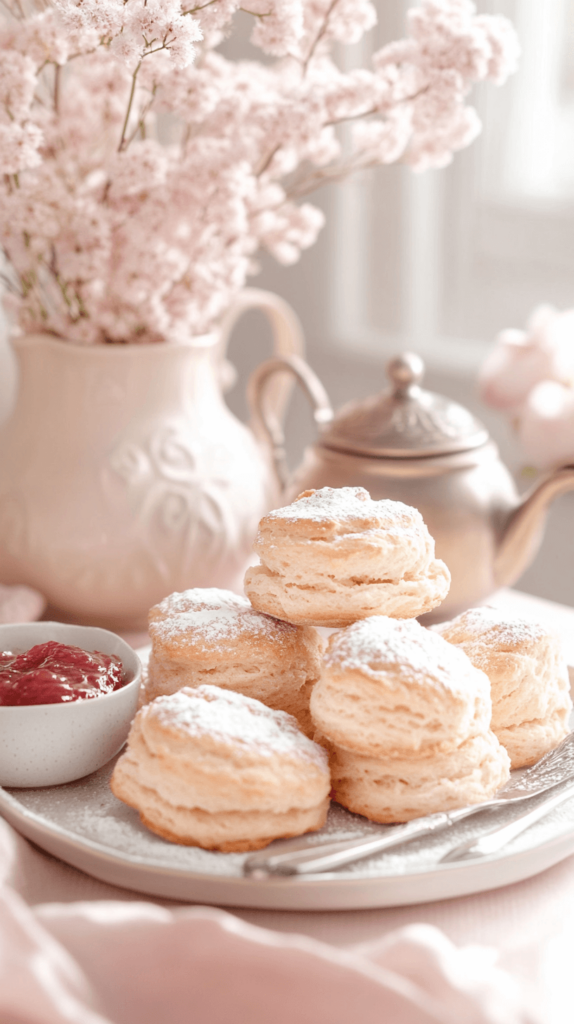 food biscuits vase of flowers tea pot