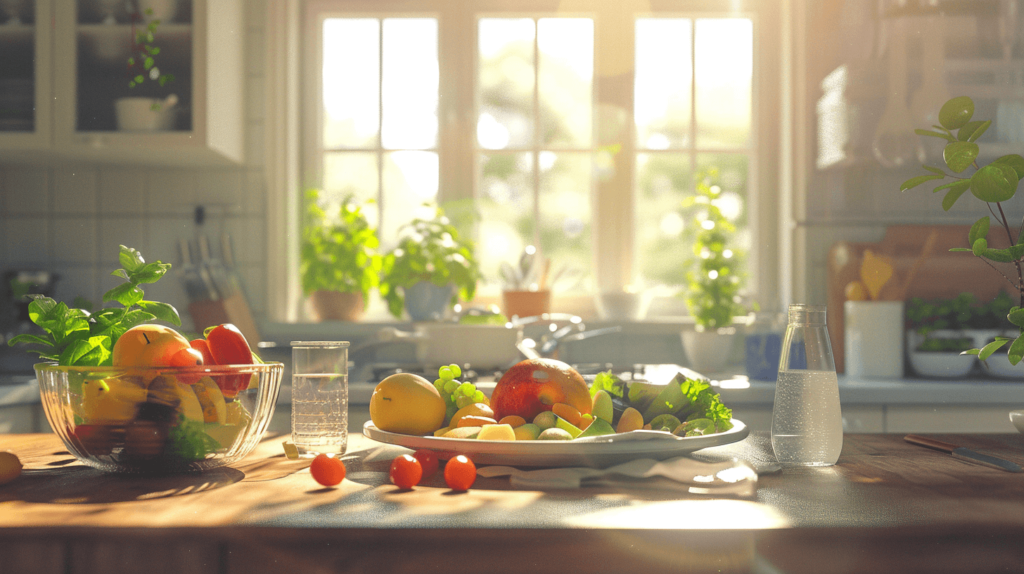 A serene kitchen scene with a bowl of fresh fruits, a glass of water, and a plate of balanced meal including vegetables, lean protein, and whole grains. In the background, a window with soft sunlight filtering through and a few potted plants adding a touch of green. Food noise.