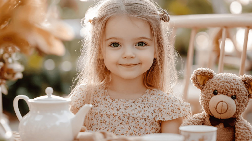 girl with her teddy bear outside at a table