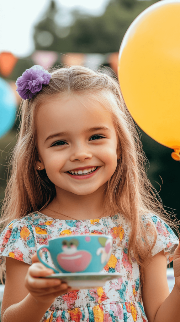 happy girl holding a balloon and a teacup