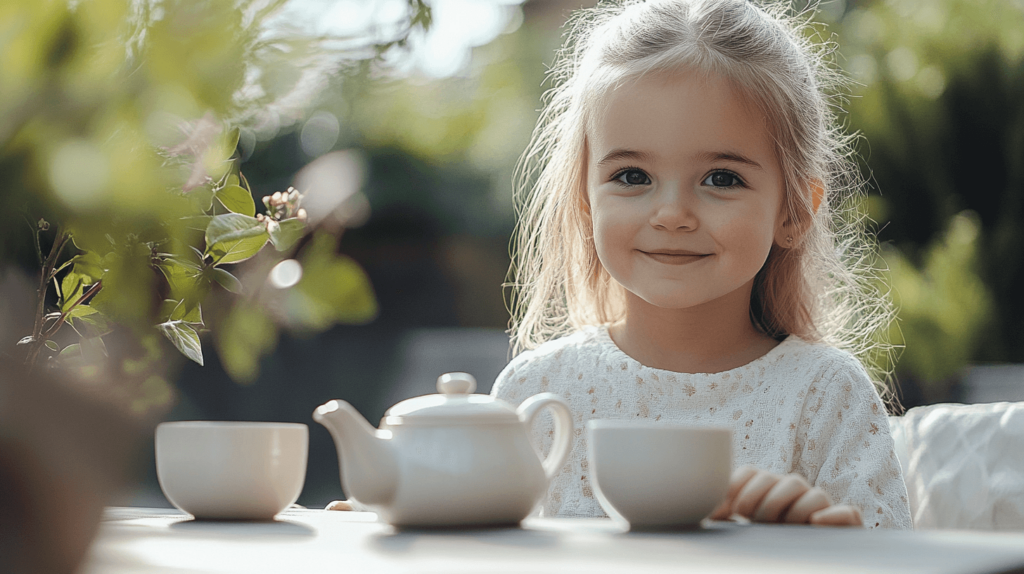 girl with tea cups and tea pot