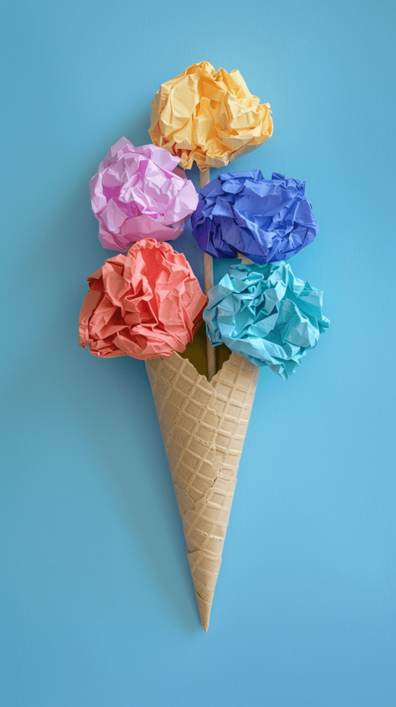 A cone made from construction paper with crumpled tissue paper scoops in various colors, set against a light blue background. Summer preschool crafts.