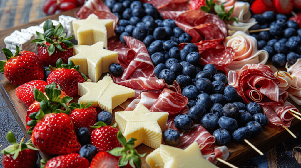 A 4th of July charcuterie board with star-shaped white cheddar, sliced strawberries, blueberries, and raspberries; include prosciutto roses and small American flag toothpicks as garnishes. 4th of July charcuterie board