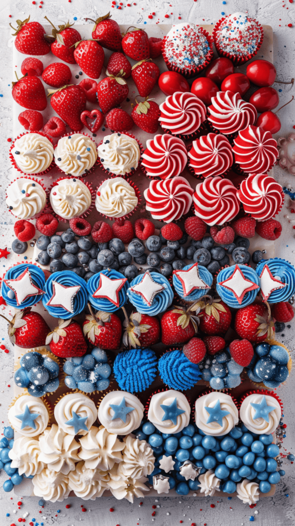 A festive 4th of July charcuterie board featuring red, white, and blue cupcakes arranged in a visually appealing pattern. Include mini cupcakes with patriotic-themed frosting, star-shaped sugar cookies, and chocolate-dipped strawberries. Add small bowls of red, white, and blue sprinkles and mini American flag toothpicks as accents. Ensure the board is colorful and festive with a variety of textures and decorations.