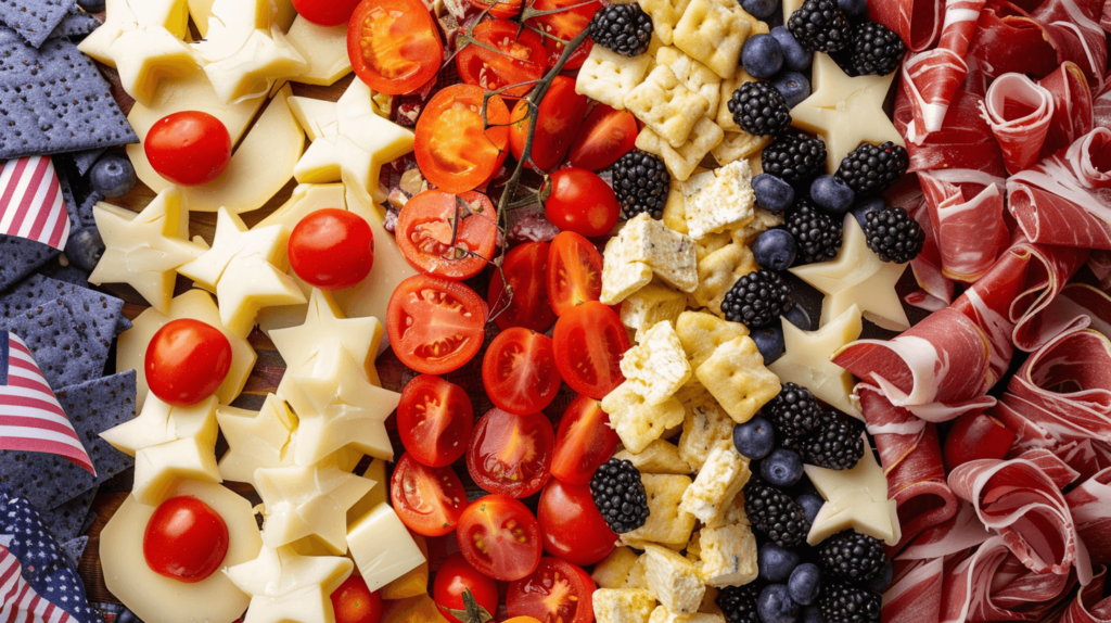 A festive 4th of July charcuterie board with star-shaped Brie cheese, cherry tomatoes, blackberries, and white cheddar cubes. Include red pepper strips, blue tortilla chips, and small USA flags as accents. 