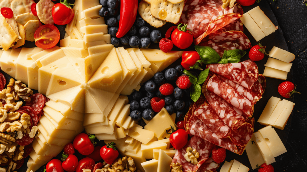 A patriotic-themed charcuterie board with a large cheese star in the center, surrounded by red bell pepper strips, blueberries, and white cheese cubes. Add prosciutto rolls, mixed nuts, and small American flags as garnishes. No words or text on the image.