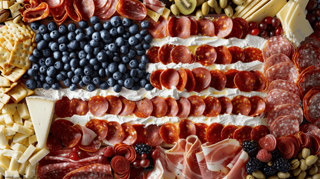 A patriotic charcuterie board featuring a large American flag made from rows of pepperoni, mozzarella slices, and blueberries. Surround the flag with various cheeses, meats, and red and blue fruits. No words or text on the image.