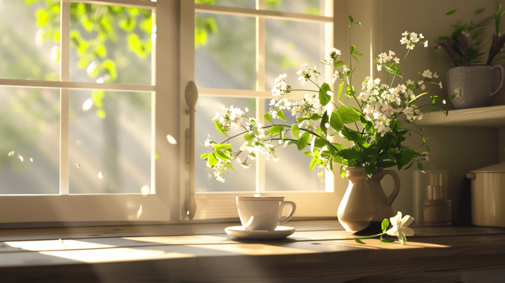 A serene morning scene with a cozy kitchen corner, a cup of coffee or tea on the table, sunlight streaming through the window, and a vase with fresh flowers. The atmosphere should be warm and inviting, evoking a sense of calm and peace, perfect for a mom starting her day with a moment of reflection.