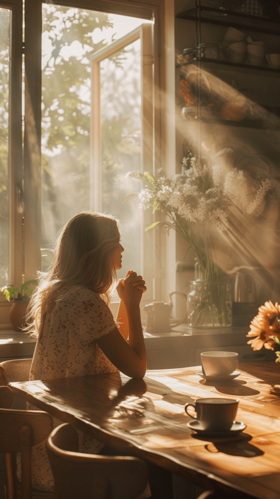 A serene morning scene with a woman sitting at a kitchen table, hands clasped in prayer. Sunlight streams through the window, casting a warm glow. The setting is cozy and inviting, with a cup of coffee or tea and a vase of fresh flowers on the table, evoking a sense of calm and peace as she begins her day with a moment of reflection. Good morning prayer for mom. 