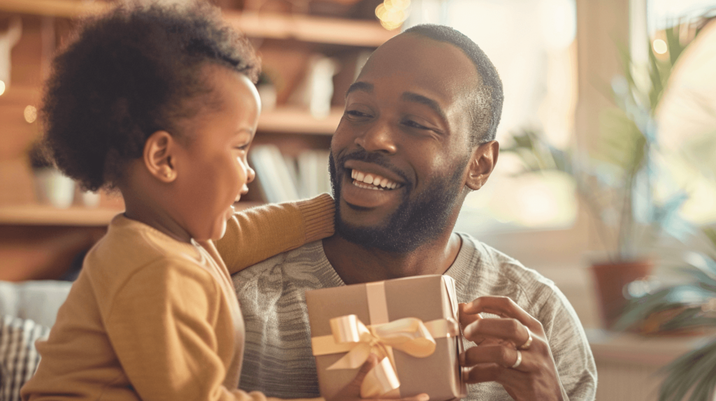 A simple and heartwarming image of a father receiving a wrapped gift box from his child, with a warm and cozy home setting in the background. The father is smiling and the child looks excited. The scene is bright and cheerful, capturing the joy and love of the moment. Father's Day gift ideas