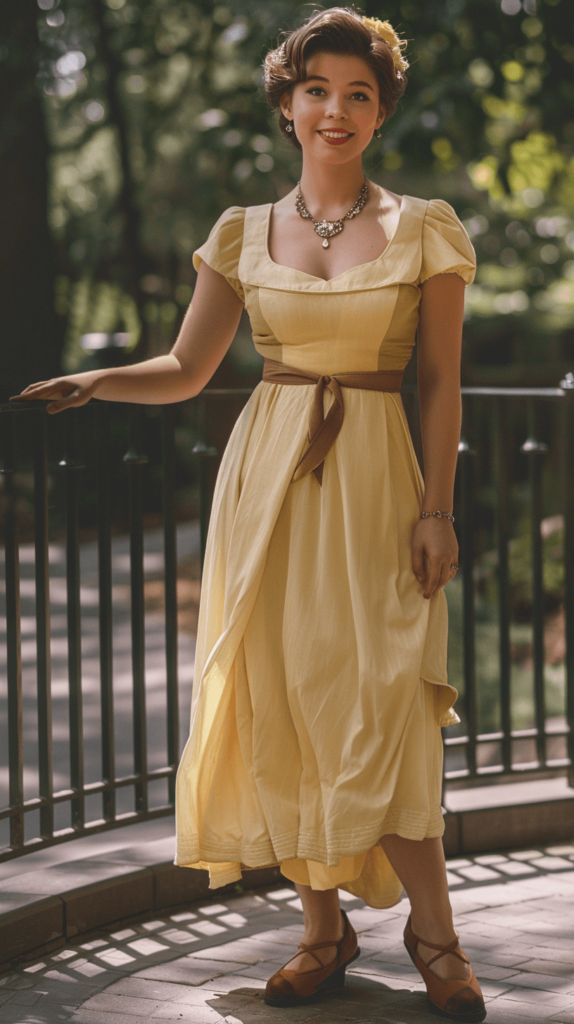 A woman dressed in a Belle-inspired Disney bounding outfit. She's wearing a yellow dress, a brown belt at the waist, and classic jewelry. Her hair is styled in a simple updo. She completes the look with comfortable brown flats and a gentle, curious smile. Full length photo