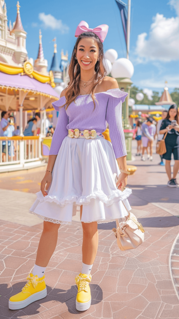 She wears a white skirt paired with a purple top. Her accessories include yellow shoes, a pink bow in her hair, and a small handbag. She completes the look with simple, elegant jewelry and a cheerful, playful expression. Woman is at Disney world park