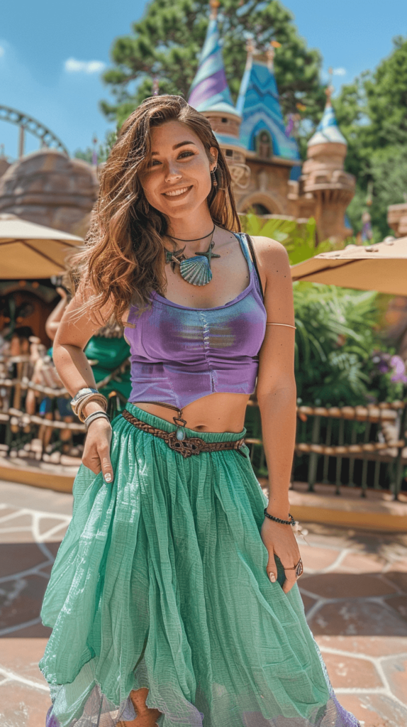 A woman in an Ariel-inspired Disney bounding outfit. She wears a green skirt paired with a purple top. Her accessories include seashell jewelry, a starfish hair clip, and a lightweight teal scarf. She completes the look with comfortable sandals and a touch of sparkly eyeshadow to mimic the ocean's shimmer. Woman is at Disney world park