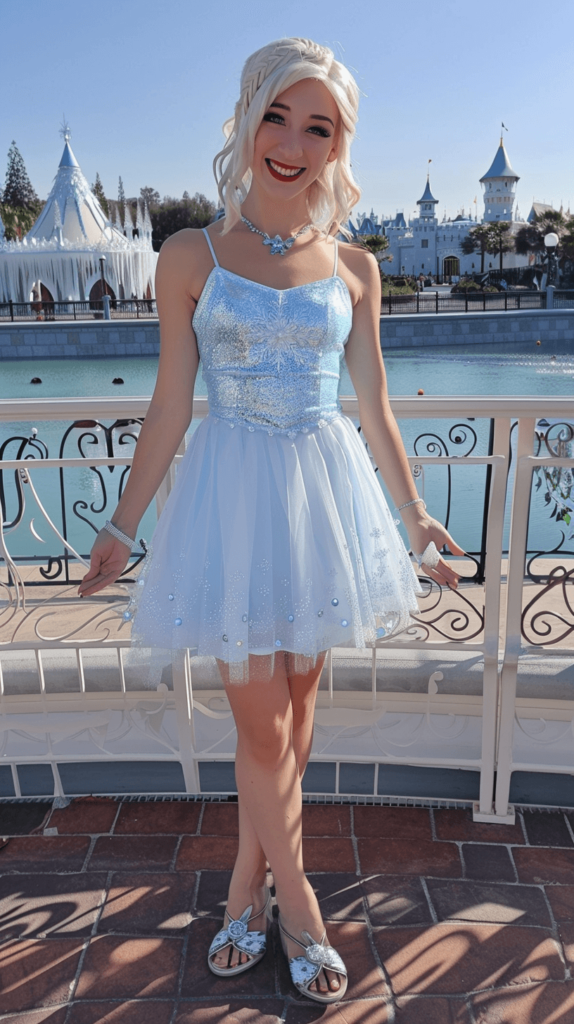 She wears a light short blue dress with a sparkly top and a white or blue short skirt. Does not look like a costume, but regular clothes. Full length photo. Her hair is styled in a side braid, and she accessorizes with silver jewelry and a snowflake necklace. The look is completed with silver flats and a light touch of icy blue makeup to mimic Elsa's cool elegance. Woman is at Disney world park