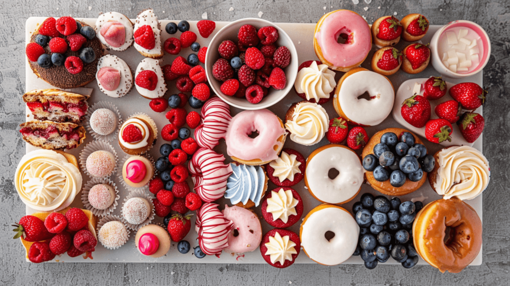 Festive Donut Board: A charcuterie board with red, white, and blue glazed donuts, donut holes, and mini cupcakes. Add small bowls of vanilla frosting and fresh berries. 
