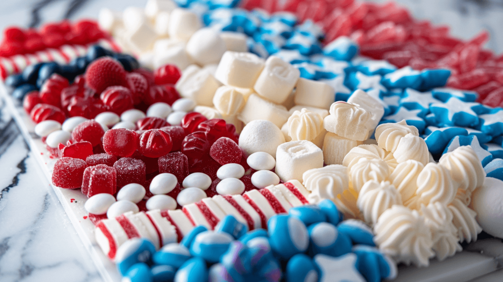 Patriotic Candy Spread: A dessert charcuterie board with an assortment of red, white, and blue candies like gummy bears, jellybeans, and licorice. Include white chocolate truffles, red and blue M&M's, and star-shaped marshmallows.