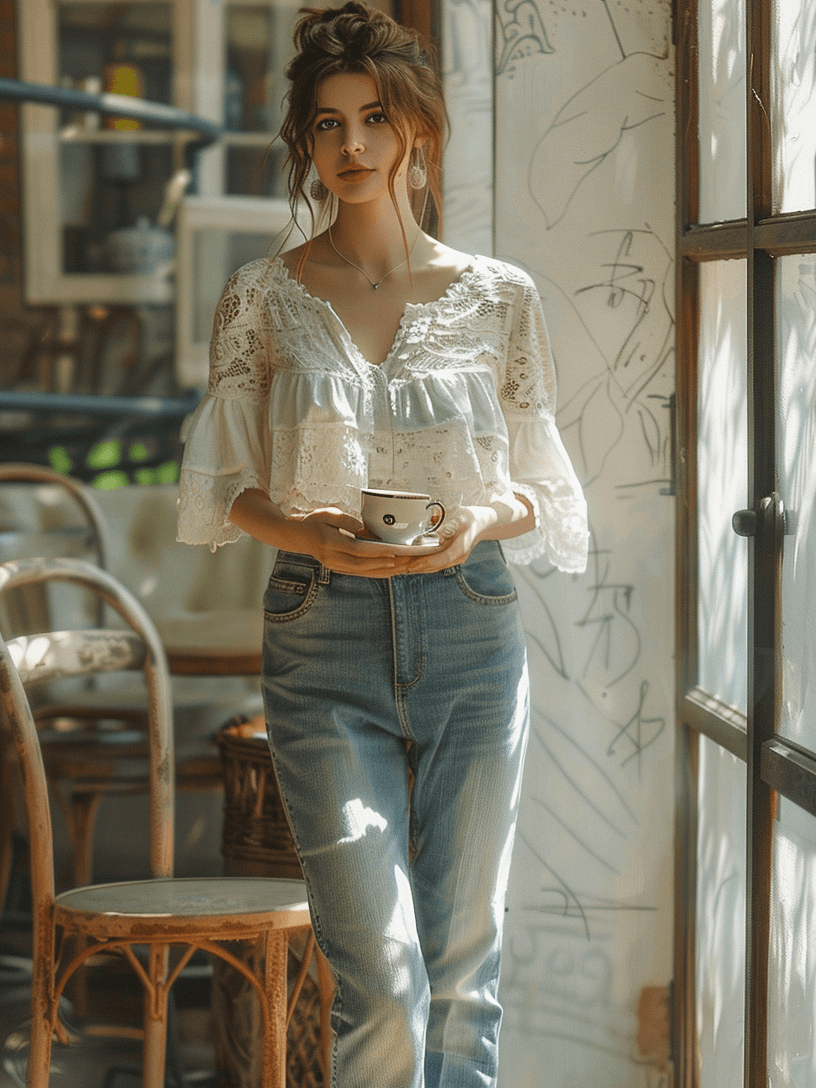 A woman in well-fitted jeans and a lace blouse, paired with flat sandals, holding a teacup. Tea party outfit. 