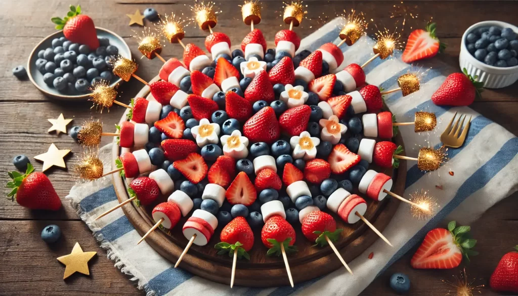 Wooden skewers threaded with strawberries, blueberries, and mini marshmallows, arranged in a burst pattern on a platter to resemble fireworks.