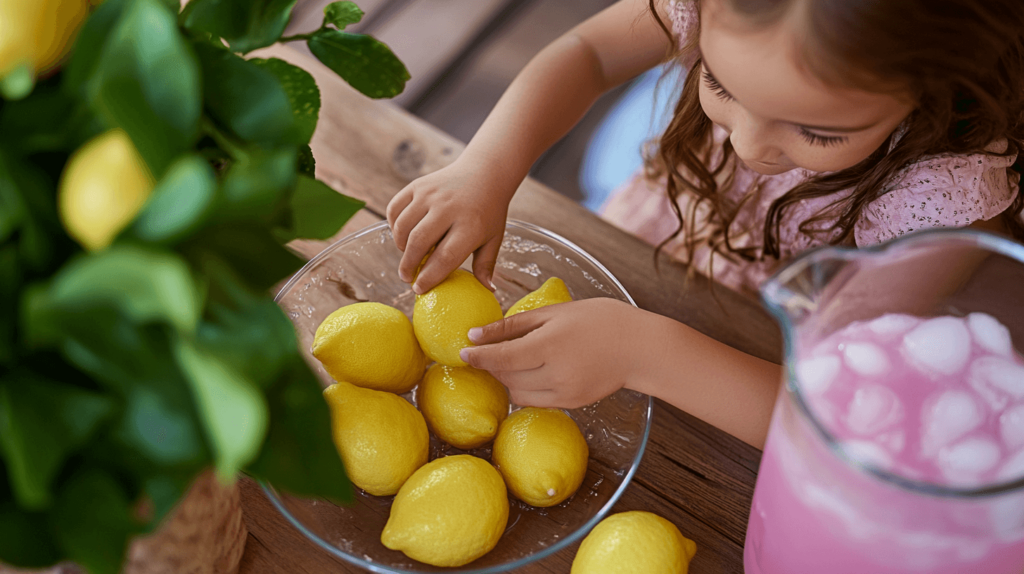 kid making lemonade with lemons