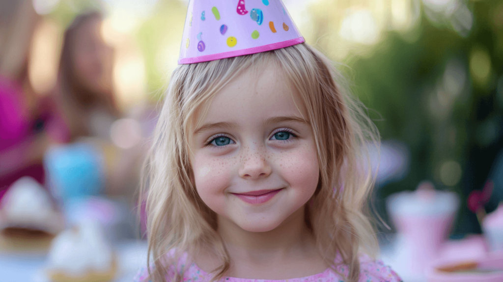 girl wearing a birthday cone hat