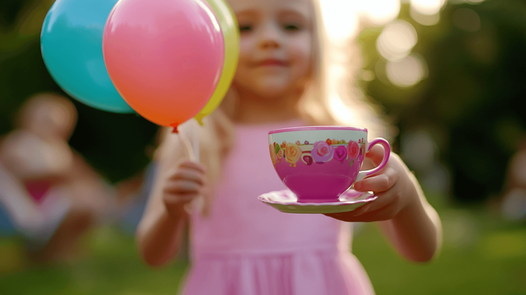 girl holding a set of balloons and a tea cup and saucer