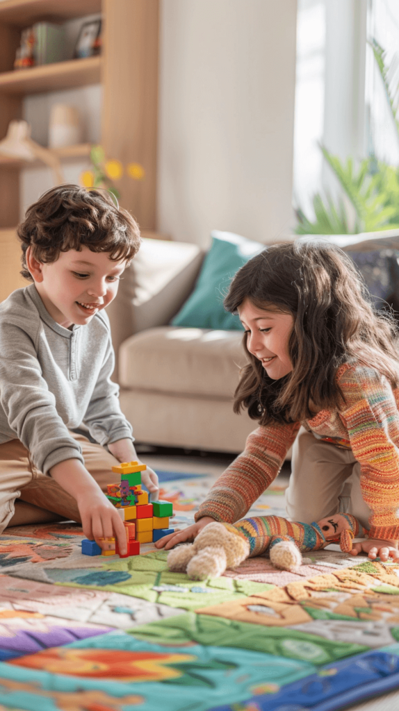 A cozy family living room with two young siblings, a boy and a girl, playing together happily on a colorful rug. The boy is building a tower with blocks while the girl is arranging stuffed animals in a line. The room is bright and welcoming, with a couch in the background and soft sunlight streaming through a window. The siblings are smiling and engaged, creating a scene of peaceful and joyful interaction. 