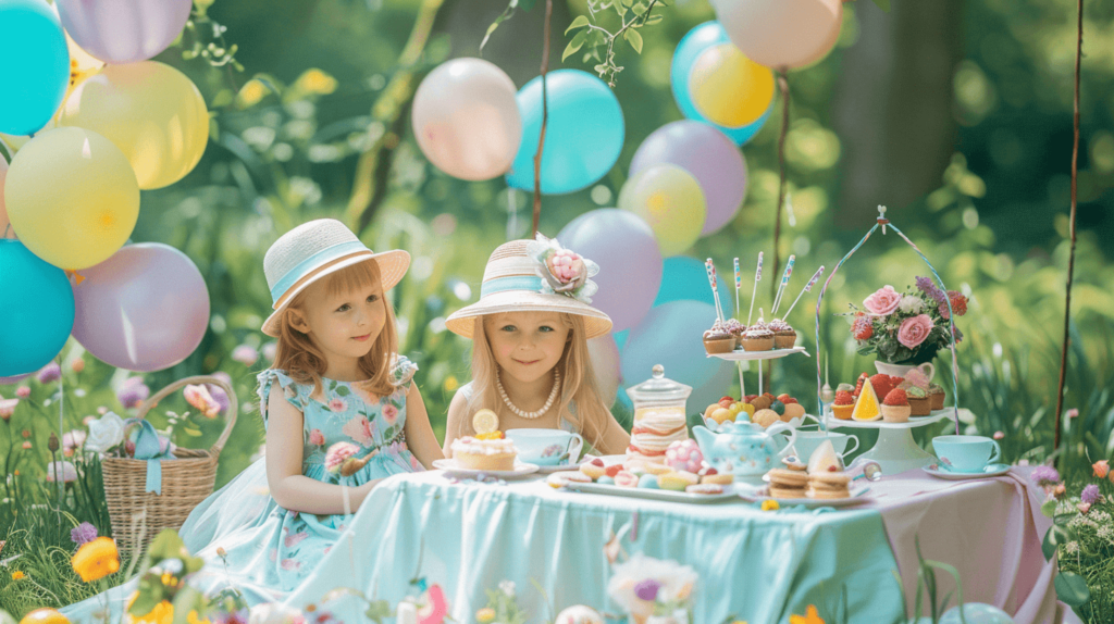 A charming outdoor kids tea party set up in a garden with a small table covered in a pastel tablecloth, mismatched teacups and saucers, miniature sandwiches, scones, fruit kebabs, and mini cupcakes. Children dressed in fancy outfits with hats and pearls are enjoying the party, surrounded by colorful balloons and flower decorations. 