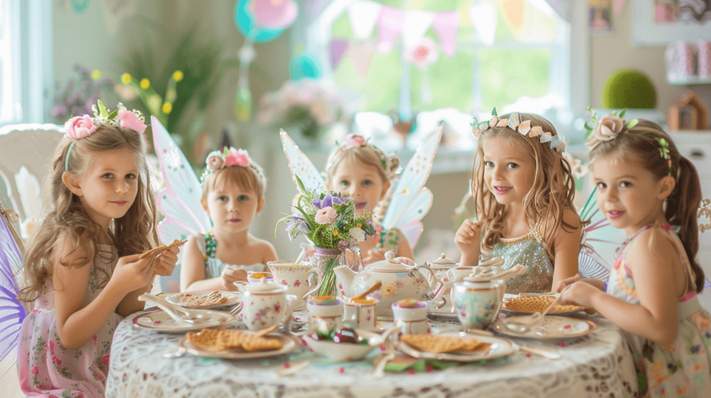 A whimsical indoor kids tea party with a round table set with floral teacups, saucers, and a teapot. The table is adorned with a lace tablecloth, small vases of fresh flowers, and plates of mini quiches and cheese crackers. Children are dressed in playful, colorful outfits with fairy wings and fun hats, sitting around the table in a cozy, brightly decorated room with streamers and paper lanterns hanging from the ceiling.